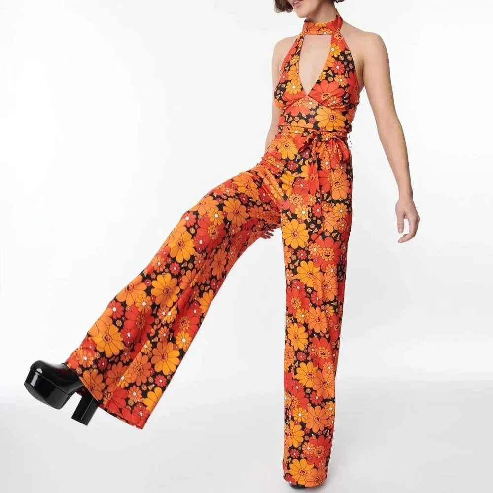 Unique Vintage Floral Halter Jumpsuit in Orange and Green - Picture 6 of 6